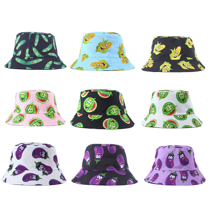 Unisex Bob Cap Fashion Fruit spausdinta dvipusė kibiras Hat Moteriška Vyriška Sulankstoma nuo saulės apsauganti kepuraitė Hip Hop kepuraitės žvejo kepurės