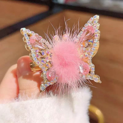 Modna pametna pokretna ukosnica s leptirom 3D kopča za kosu Plišana kuglica s vještačkim kamenčićima Svjetlucavo pokrivalo za glavu Drška za kosu Dodaci za kosu za slatku djevojku