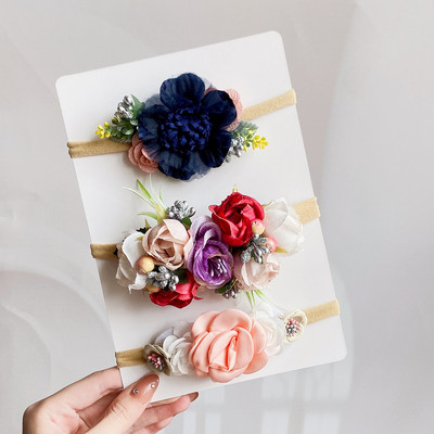 Set de bentite cu flori artificiale pentru copii, 3/4 buc, pentru fetițe, benzi de păr florale pentru nou-născut, accesorii elastice din nailon.