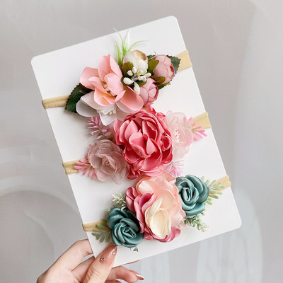 Set de bentite cu flori artificiale pentru copii, 3/4 buc, pentru fetițe, benzi de păr florale pentru nou-născut, accesorii elastice din nailon.