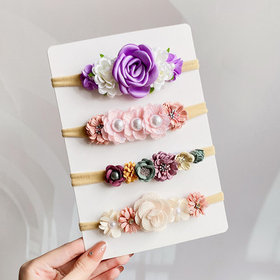 Set de bentite cu flori artificiale pentru copii, 3/4 buc, pentru fetițe, benzi de păr florale pentru nou-născut, accesorii elastice din nailon.