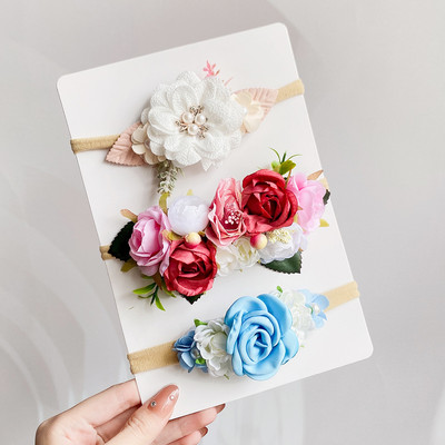Set de bentite cu flori artificiale pentru copii, 3/4 buc, pentru fetițe, benzi de păr florale pentru nou-născut, accesorii elastice din nailon.
