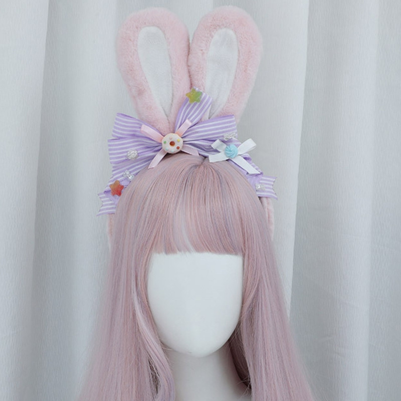 Cerc de păr de iepure Bentiță pentru ureche de iepure pentru femei, fete, Lolita, benzi de păr de pluș, fundite, fundite, decor M6CD