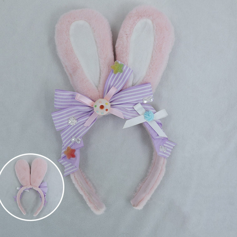 Cerc de păr de iepure Bentiță pentru ureche de iepure pentru femei, fete, Lolita, benzi de păr de pluș, fundite, fundite, decor M6CD