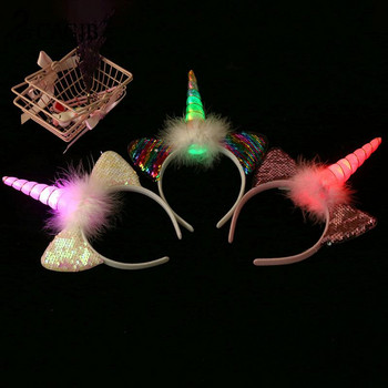 Ленти за коса за момичета със светлини Шапка на принцеса Еднорог LED светеща лента за глава Детска лента за коса Декорации за рожден ден