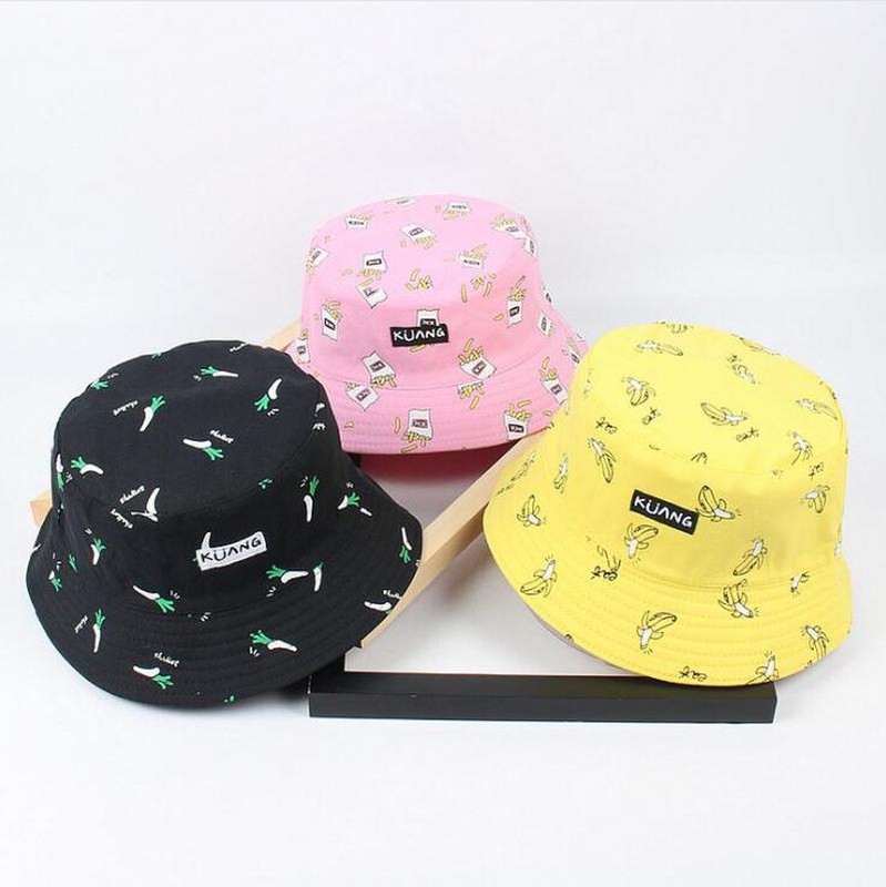 Water Bucket Hat Férfi Női Nyári Sapka Banán Print Sárga Kalap Hip Hop Horgász Halász Kalap