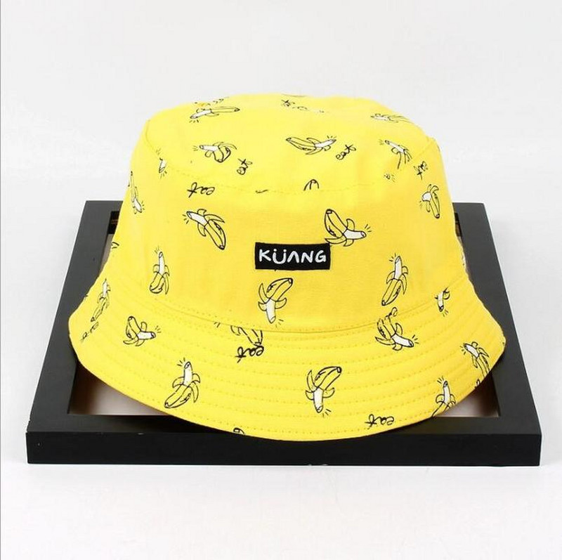 Water Bucket Hat Férfi Női Nyári Sapka Banán Print Sárga Kalap Hip Hop Horgász Halász Kalap