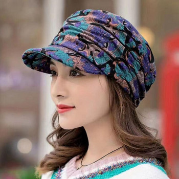Дамска шапка с къса периферия, топла сгъваема ушанка, дамска шапка с флорален принт в етнически стил, есен, зима, топла шапка за хора на средна и напреднала възраст