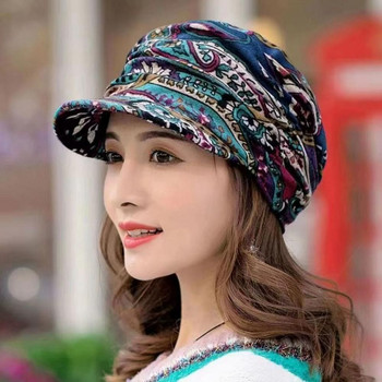 Дамска шапка с къса периферия, топла сгъваема ушанка, дамска шапка с флорален принт в етнически стил, есен, зима, топла шапка за хора на средна и напреднала възраст