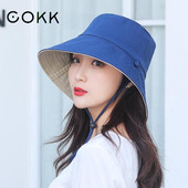 COKK Pălărie de găleată Femei Bărbați Primăvara Vară Pălărie de pescar cu două fețe Pălărie de vânătoare Călătorie Frânghie împotriva vântului Protecție solară cu bor mare