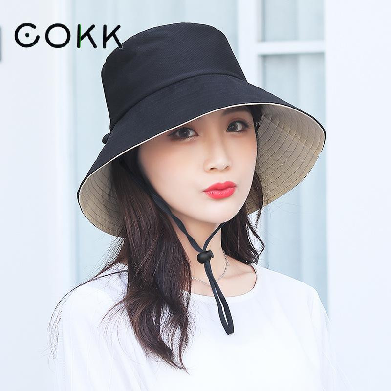 COKK Pălărie de găleată Femei Bărbați Primăvara Vară Pălărie de pescar cu două fețe Pălărie de vânătoare Călătorie Frânghie împotriva vântului Protecție solară cu bor mare