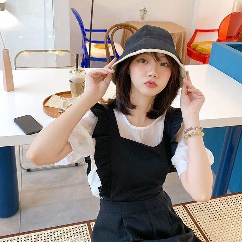 Pălării de tip găleată cu design dublă pentru femei Patchwork Casual Mergeți la cumpărături Moda coreeană Pescar de stradă mare Studentă