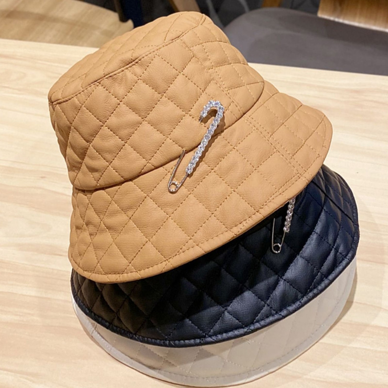 Punk stilski uniseks šešir s dijamantnim uzorkom od umjetne kože, jednobojna, sjajna metalna igla s dijamantskim dijamantima, panama, ribarska kapa