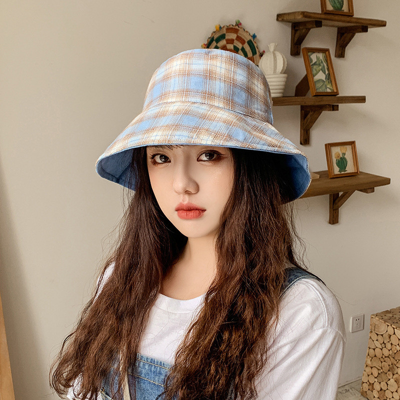 Japán stílusú kétoldalas viselet kockás halász sapka pamut vödör kalap koreai alkalmi Sunbonnet nyári napozósapka nőknek divat