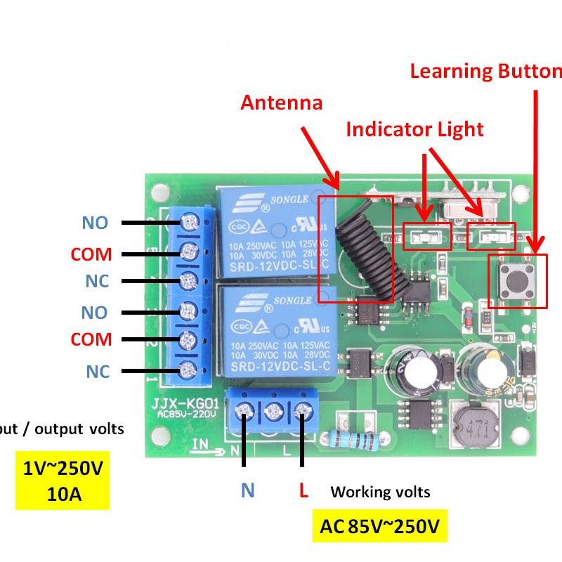 433Mhz nuotolinio valdymo jungiklis šviesai, durims, garažo universalus nuotolinio valdymo pultas AC 85V ~ 250V 110V 220V 2CH relės imtuvas ir valdiklis