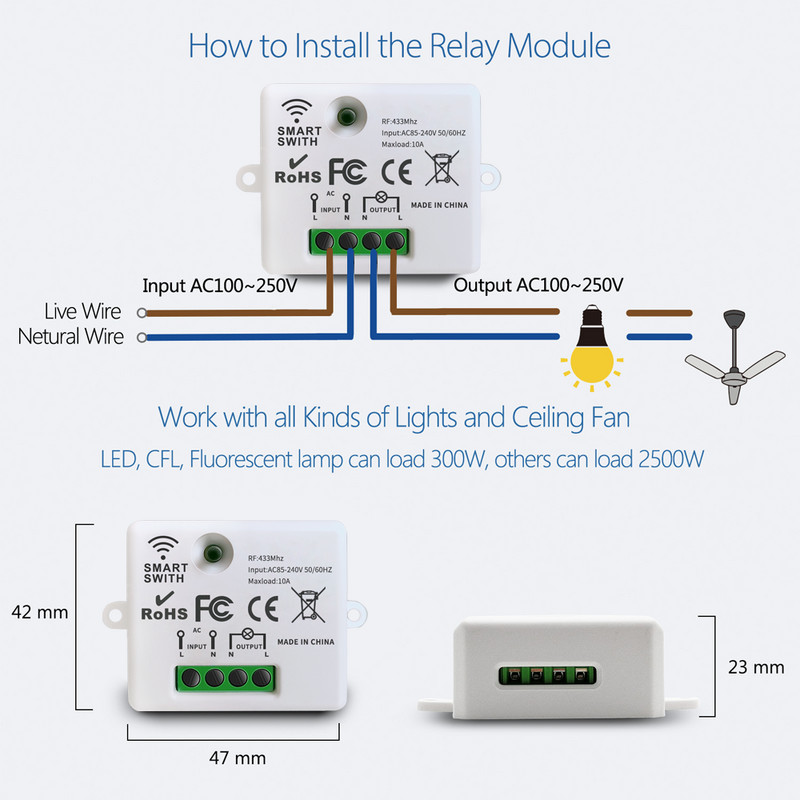 433MHz AC 110V 220V Vezeték nélküli RF távirányító kapcsoló 1 csatornás relé vevő ON/OFF jeladóval Led izzó DIY vezérléshez