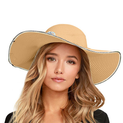 Ženski široki slamnati panama šešir na roladu Floppy šešir od tvida Šešir za plažu Ljetni ženski šešir za zaštitu od sunca sa širokim obodom Fedora šešir