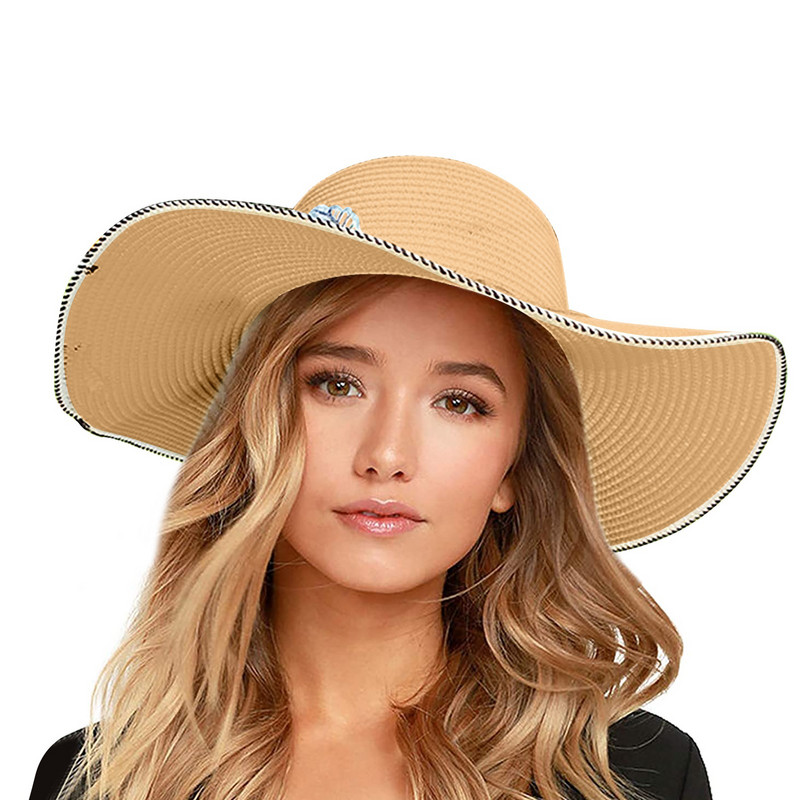 Ženski široki slamnati panama šešir na roladu Floppy šešir od tvida Šešir za plažu Ljetni ženski šešir za zaštitu od sunca sa širokim obodom Fedora šešir