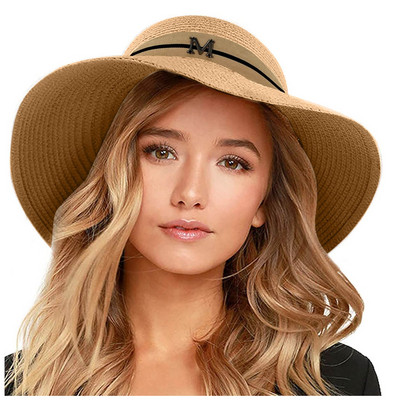 Ženski široki slamnati panama šešir na roladu Floppy šešir od tvida Šešir za plažu Ljetni ženski šešir za zaštitu od sunca sa širokim obodom Fedora šešir