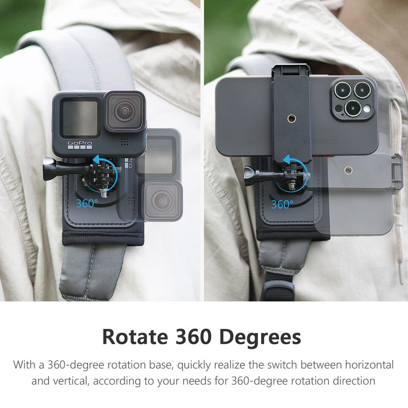 Vamson 360 laipsnių besisukantis kuprinės segtukas, skirtas Insta 360 X3 krūtinės peties laikiklio tvirtinimui, skirtas Insta360 One X2 X3 Dji Action 3 GoPro 11