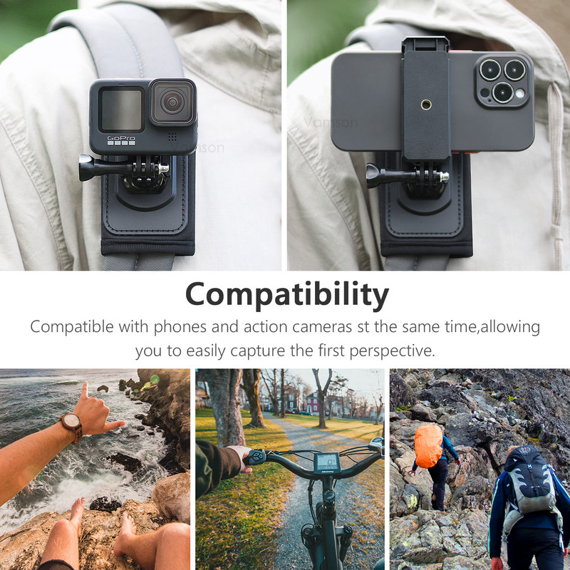 Vamson 360 laipsnių besisukantis kuprinės segtukas, skirtas Insta 360 X3 krūtinės peties laikiklio tvirtinimui, skirtas Insta360 One X2 X3 Dji Action 3 GoPro 11