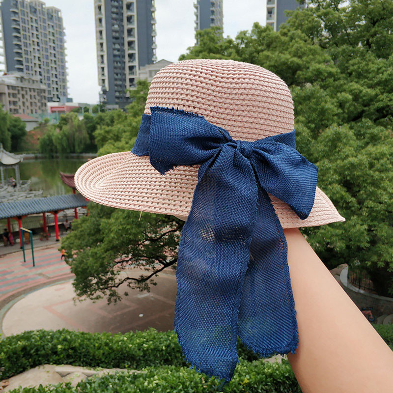 Nova modna ravna kapa za sunčanje Biciklistička putna planinarska kapa s vrpcom i mašnom Šešir za plažu s velikim obodom Klasične sklopive slamnate kape