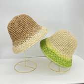 2022 nyári horgolt szalmakalap női összecsukható panama sapka UV napfénysapka Boho színes csíkos horgászkalap nyaraláshoz strandkalap