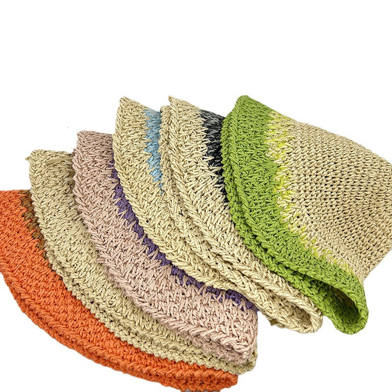 2022 nyári horgolt szalmakalap női összecsukható panama sapka UV napfénysapka Boho színes csíkos horgászkalap nyaraláshoz strandkalap