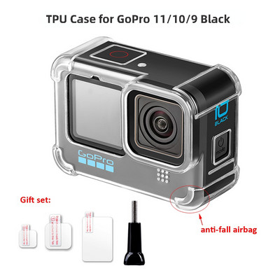 Oro šarvų dėklas, skirtas „GoPro Hero 11 10 9“ juodas, nenukritęs, skaidrus TPU smūgiams atsparus korpuso dangtelis, grūdinto stiklo ekrano plėvelė