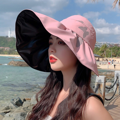 COKK Ljetni šešir Ženski otisnuti leptiri Veliki obodi Krema za sunčanje na otvorenom Zaštita od UV zračenja Sklopivi šešir za sunčanje s praznim vrhom Ženski šešir za putovanje na plažu