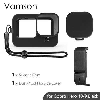Vamson for Gopro Hero 10 9 melns silikona aizsargapvalks ar rūdīta stikla plēves akumulatora sānu futrālīti GoPro 11 piederumiem