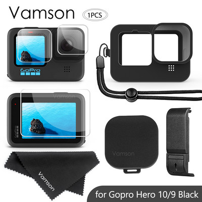 Vamson for Gopro Hero 10 9 melns silikona aizsargapvalks ar rūdīta stikla plēves akumulatora sānu futrālīti GoPro 11 piederumiem