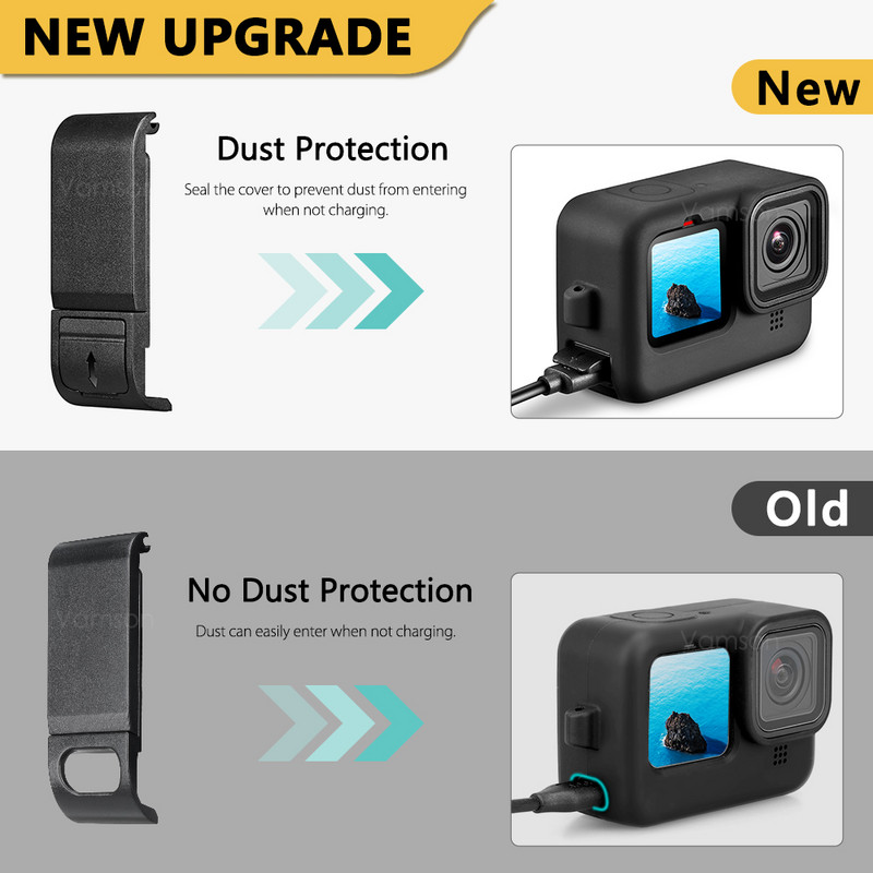 Vamson for Gopro Hero 10 9 melns silikona aizsargapvalks ar rūdīta stikla plēves akumulatora sānu futrālīti GoPro 11 piederumiem