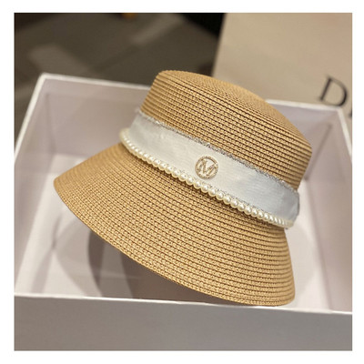 Új női széles karimájú napkalapok Nyári Elegáns Gyöngy Vödörsapka Retro lapos felső Hepburn szalmakalap Összehajtható nyaralás tengerparti hajós kalap