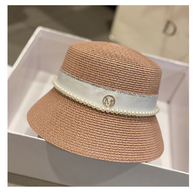 Új női széles karimájú napkalapok Nyári Elegáns Gyöngy Vödörsapka Retro lapos felső Hepburn szalmakalap Összehajtható nyaralás tengerparti hajós kalap