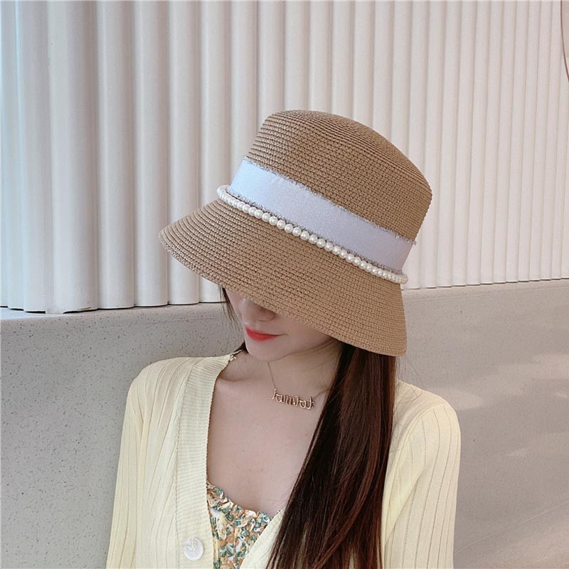 Új női széles karimájú napkalapok Nyári Elegáns Gyöngy Vödörsapka Retro lapos felső Hepburn szalmakalap Összehajtható nyaralás tengerparti hajós kalap