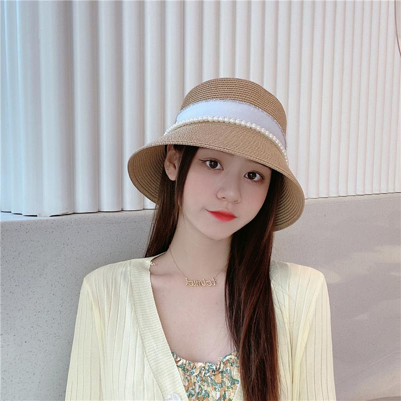Új női széles karimájú napkalapok Nyári Elegáns Gyöngy Vödörsapka Retro lapos felső Hepburn szalmakalap Összehajtható nyaralás tengerparti hajós kalap