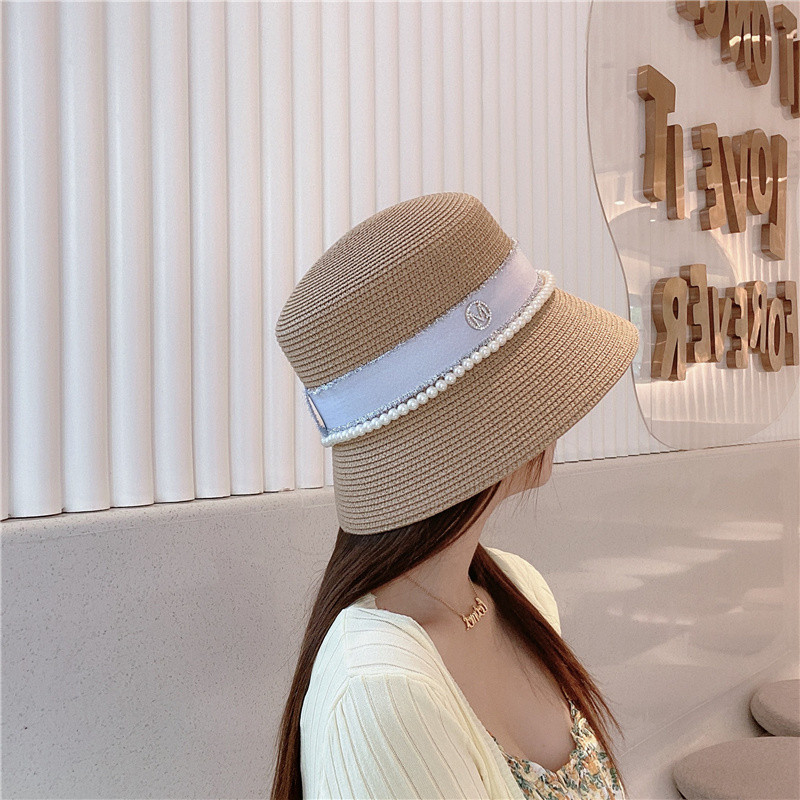 Új női széles karimájú napkalapok Nyári Elegáns Gyöngy Vödörsapka Retro lapos felső Hepburn szalmakalap Összehajtható nyaralás tengerparti hajós kalap