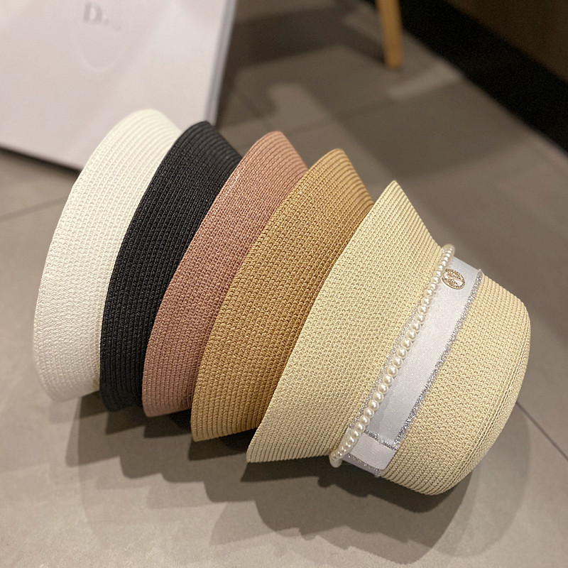 Új női széles karimájú napkalapok Nyári Elegáns Gyöngy Vödörsapka Retro lapos felső Hepburn szalmakalap Összehajtható nyaralás tengerparti hajós kalap