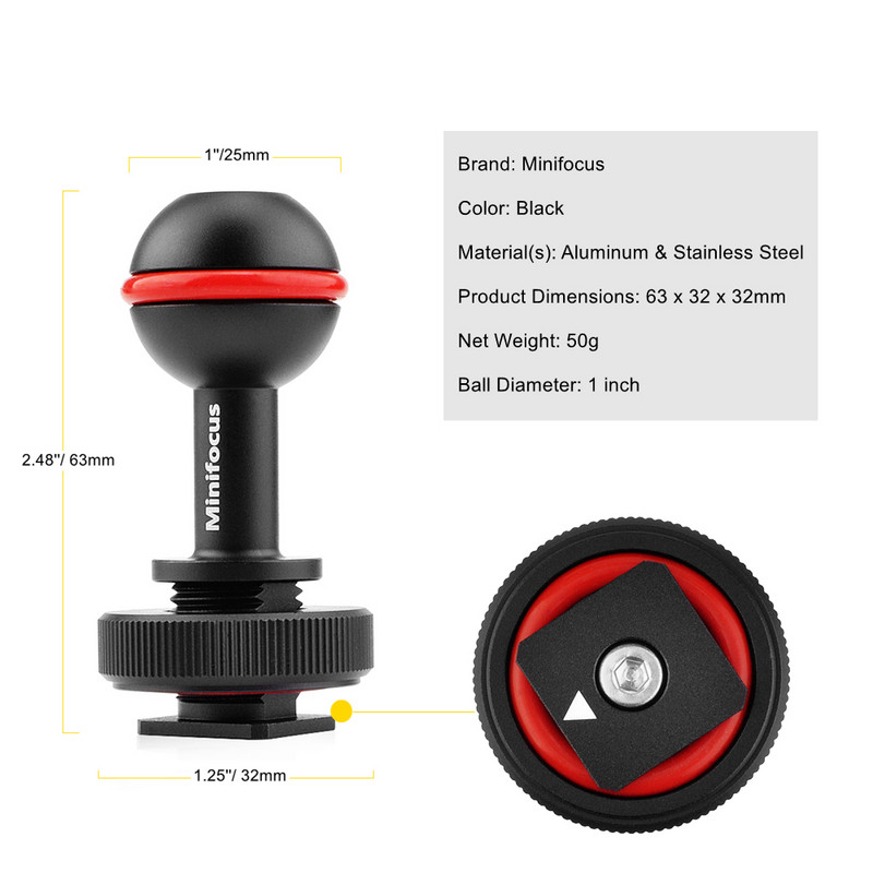 1"-es golyósfejre szerelhető meleg hideg cipőtalp adapter csatlakozó víz alatti búvárkamerához, vízálló házhoz, videó/flash/villanófény