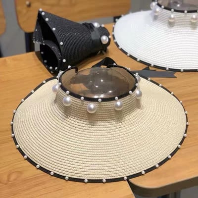 Pălării de paie pliabile, cu perle de imitație, în 4 culori, pentru femei, Top gol, șapcă cu viziere cu boruri largi, pălărie reglabilă de plajă cu protecție UV