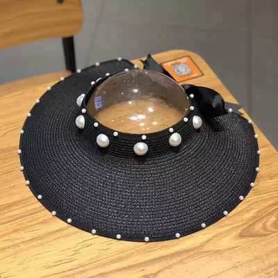 Pălării de paie pliabile, cu perle de imitație, în 4 culori, pentru femei, Top gol, șapcă cu viziere cu boruri largi, pălărie reglabilă de plajă cu protecție UV