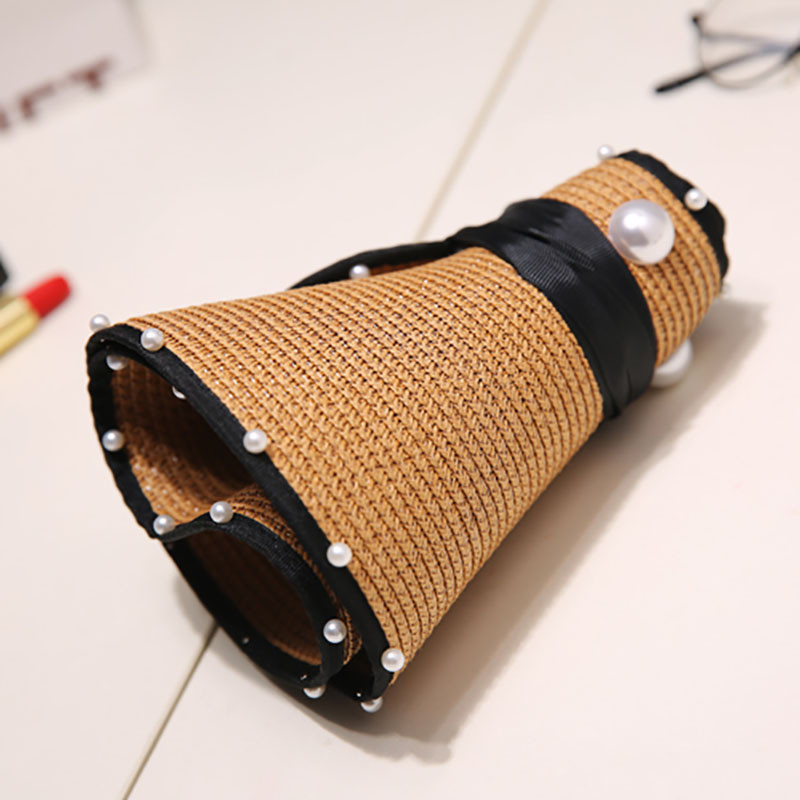 Pălării de paie pliabile, cu perle de imitație, în 4 culori, pentru femei, Top gol, șapcă cu viziere cu boruri largi, pălărie reglabilă de plajă cu protecție UV