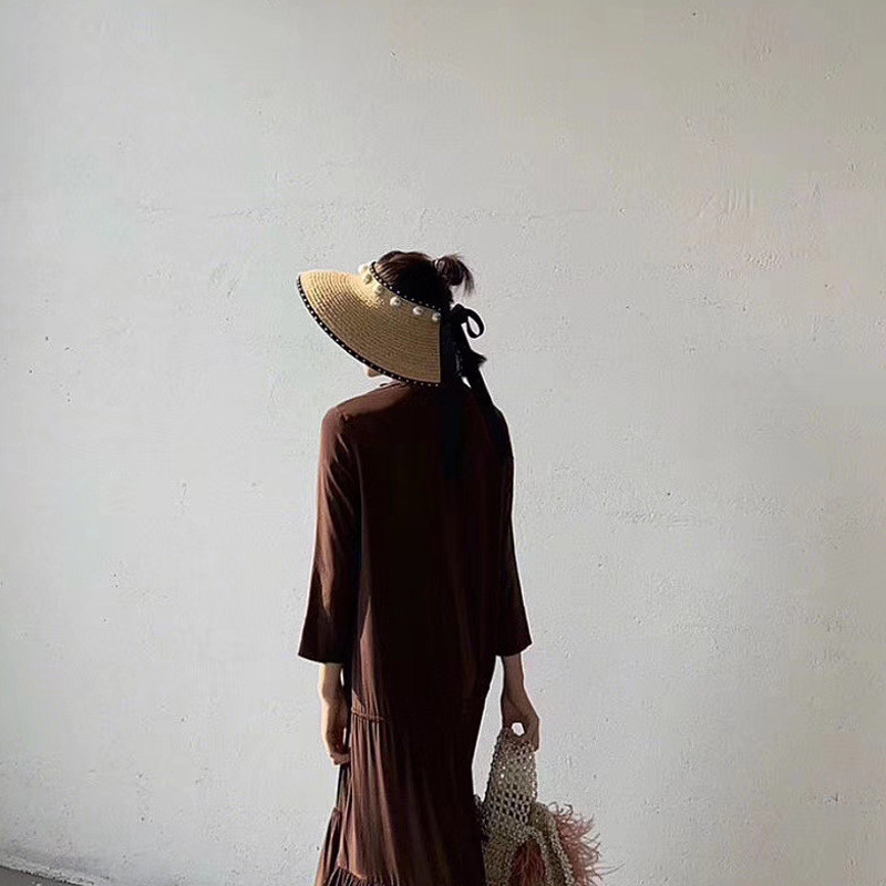 Pălării de paie pliabile, cu perle de imitație, în 4 culori, pentru femei, Top gol, șapcă cu viziere cu boruri largi, pălărie reglabilă de plajă cu protecție UV