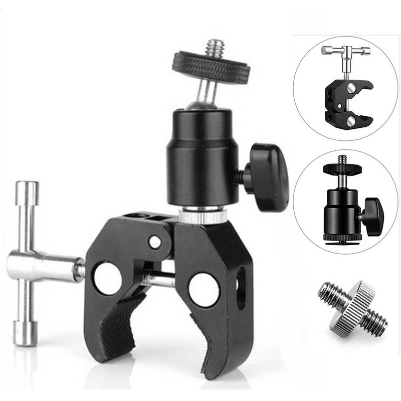 Fém kamera szuper bilincs gömbfejű bilincs varázskarral 1/4 hüvelykes csavarlyukkal a rögzítő adapterhez vakulámpa mikrofonos monitor kamera