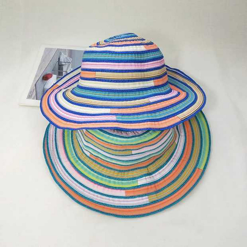Pălării de vară pentru femei 2019 Pălărie de soare cu margini late Căciulă de soare pentru femei de călătorie cu dungi de plajă Pălării de soare pliabile cu boruri pentru fete
