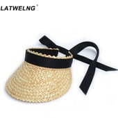 Pălărie de soare de paie cu panglică lungă de design nou, pentru femei, moda cu fundă mare, pălării de plajă, pentru doamnă, vacanță de vară, șapci goale.