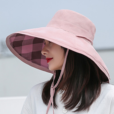 Női napsapka - nyári tavaszi floppy Beach utazási halászsapka, női UV-védő kockás, megfordítható, széles karimájú panamai sapka