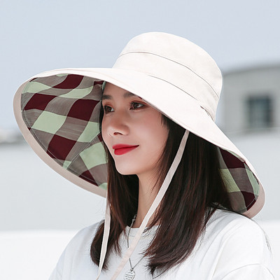 Női napsapka - nyári tavaszi floppy Beach utazási halászsapka, női UV-védő kockás, megfordítható, széles karimájú panamai sapka