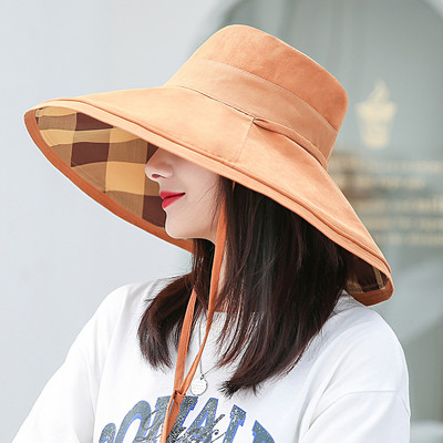 Női napsapka - nyári tavaszi floppy Beach utazási halászsapka, női UV-védő kockás, megfordítható, széles karimájú panamai sapka